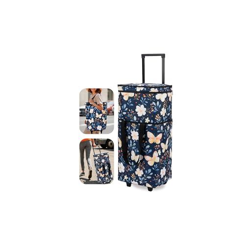 Dxiywa Foldable Rolling Bag, Portable Small Shopping Cart with Wheels, Collapsible Shopping Tote with Stylish Pattern for Market & Grocery Runs–Gift for Women & Seniors, Pro L, bluebfly