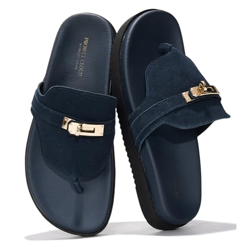 Image of Project Cloud Genuine Leather Womens Sandals - Memory Foam Summer Sandals for Women 2025 - Slip on Slides for Women, Non Slip Womens Slides (Vita, NAVY, 12)