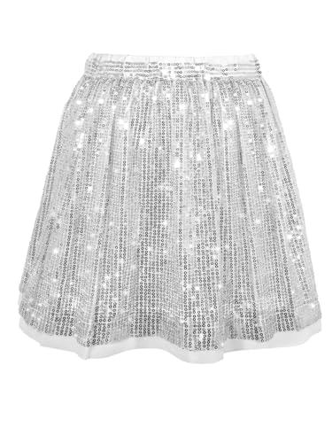 SPFASZEIV Jupe Paillettes Filles Enfants Sequin Scintillante Jupe avec Taille élastique Jupes Patineuse Tenue de Fête Carnaval Argenté 12-14 Ans