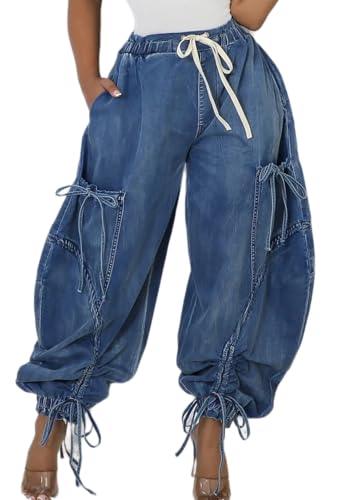 Womens Casual Drawstring Baggy Jeans Elastic Waist Tie-Bow Straight Leg Multi Pockets Cargo Denim Pants