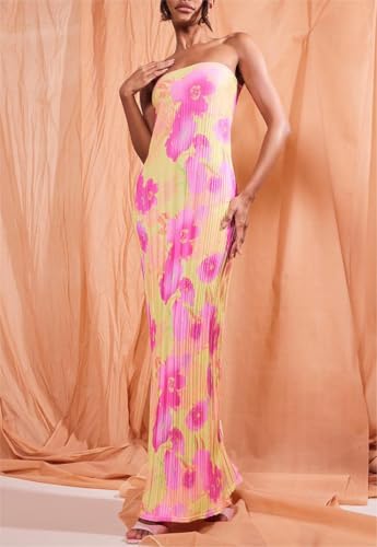 Image of Women Y2k Strapless Maxi Dress Floral Print Tube Long Dress Boho Beach Sundress Going Out Streetwear