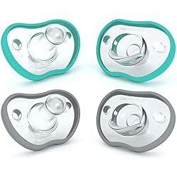Nanobebe Baby Pacifiers 0-3 Month - Orthodontic, Curves Comfortably with Face Contour, Award Winning for Breastfeeding Babies, 100% Silicone, Baby Registry Gift 4pk,Teal/Grey