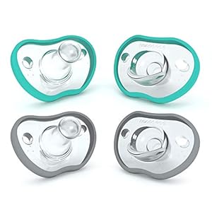 Nanobebe Baby Pacifiers 0-3 Month – Orthodontic, Curves Comfortably with Face Contour, Award Winning for Breastfeeding Babies, 100% Silicone, Baby Registry Gift 4pk,Teal/Grey