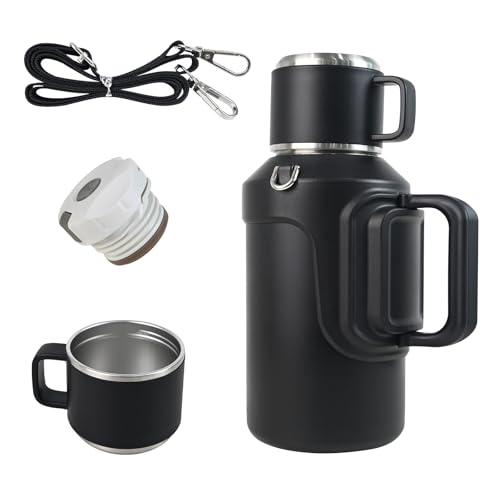 MIGHTYDUTY 1,5L Botella Termica Agua Acero 24h Caliente y Fria Termo Agua con Taza, Colador de Té, Asa y Correa para el Hombro, Negro 1,5L