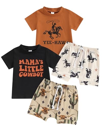 Image of VZF Toddler Boys Shorts Set Western Cowboy-Print Short Sleeves Tops+Elastic Pants Baby Summer Casual Outfits