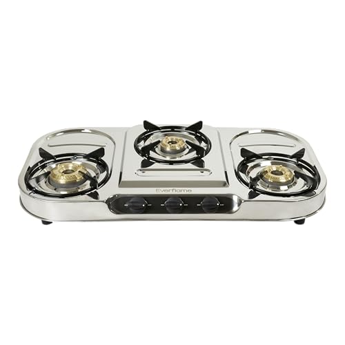 Image of Everflame Swift 3 Burner Gas Stove | Durable Stainless Steel Cooktop | Manual Ignition | ISI Certified | Brass Burner & Pan Support | Gas-Saver Technology | 2 Years Product Warranty + Doorstep Service