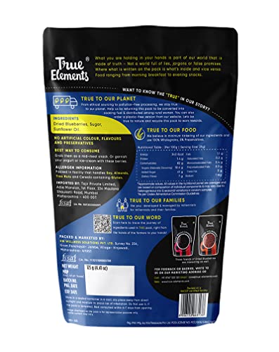 Image of Dried Blueberries 125g by True Elements - Naturally Dried Blueberries | Vitamin Rich Berries | Healthy Snacks | Dried berries | Ready to Eat Snack (Pack of 2)