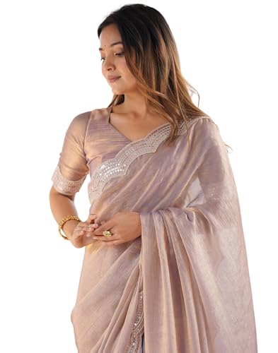 Image of SIRIL Women's Shimmer Chiffon Sequence Embroidery Saree With Unstitched Blouse Piece for Wedding and Parties