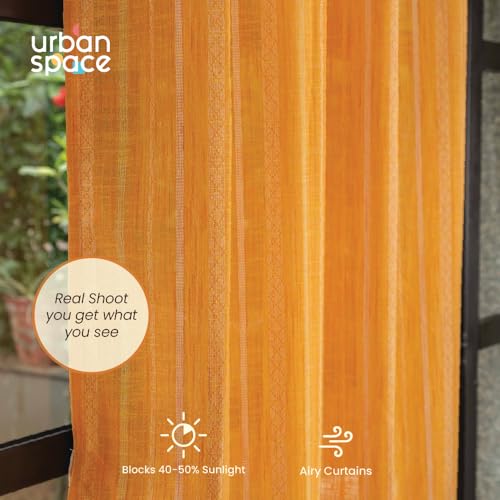 Image of Urban Space Aari Collection Weaved Sheer Curtains for Door 7 Ft Long, 40-50% Light Filtering Textured Curtains with Eyelets and Tieback, Set of 2 Decorative Curtains (Vertical Yellow, 7 Feet)