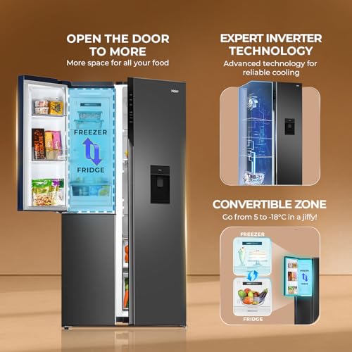 Image of Haier SmartChoice 592L 3Star 3-Door Water Dispenser Side by Side Frost Free Refrigerator|Convertible|Smart Sense AI|Inverter|Digital Display Panel (2025 Model, HRT-683WGKU1, Graphite Black)