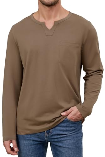 LuxMania Men's Casual Cotton V Neck Long Sleeve T-Shirts Solid Fall Pullover Basic Tee Tops with...