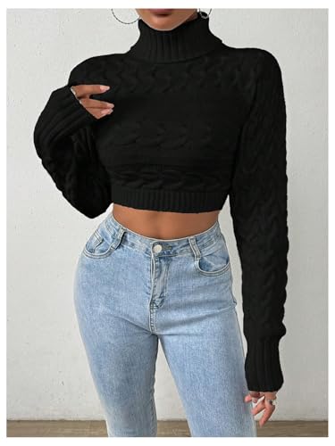 OYOANGLE Women's Cable Knit Turtleneck Sweater Long Sleeve Fitted Cropped Sweaters3