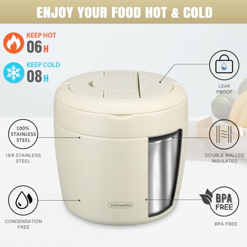 Image of wiwens Thermo Food Jar for Hot Food Adults 32OZ Soup Thermo Lunch Containers Wide Mouth Vacuum Insulated Stainless Steel Leakproof Bento Box with Spoon (Beige)