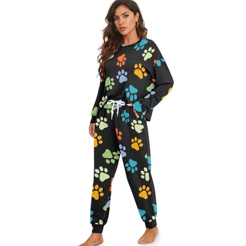 Image of Womens Lounge Set Long Sleeve Soft Pajama Sets Casual 2 Piece Pj Outfit Crewneck Sleepwear with Pockets Plus Size