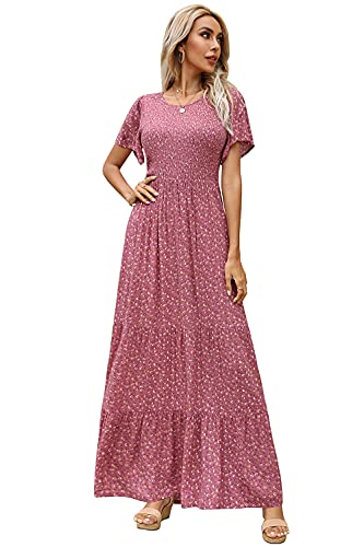Image of Kranda Women 2025 Summer Fall Crewneck Short Sleeve Smocked Floral Maxi Dress