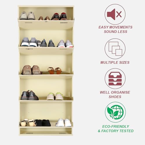 Image of Metal Shoe Rack Wall Mounted for Home with Central Locking | 5 Door 28 inch Wall Mounted Metal 15 Pair Shoe Rack Cabinet | Pre-Assembled Rack Shelves | 3 Year Warranty (Ivory)