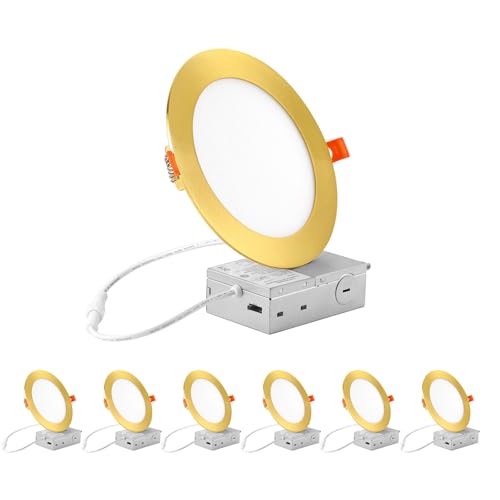 Image of ZYC recessed Lighting 6 inch - 12W 1100LM High Brightness,5CCT 2700K /3000K /3500K /4000K /5000K Selectable,Ultra-Thin LED Recessed Ceiling Light,Dimmable Canless Wafer Downlight,Pack of 6 Gold.