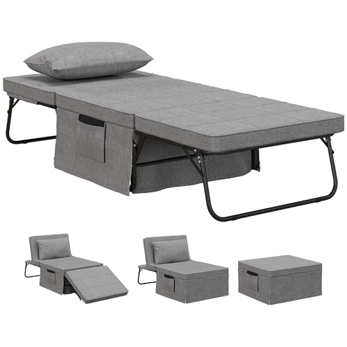 HOMCOM Sofá Cama de 1 Plaza 4 en 1, Sillón Cama Plegable, Otomana, Tapizado en Lino, con Respaldo Ajustable de 5 Niveles, Almohada Acolchada, para Oficina, Dormitorio, Salón, 75x80x74 cm, Gris