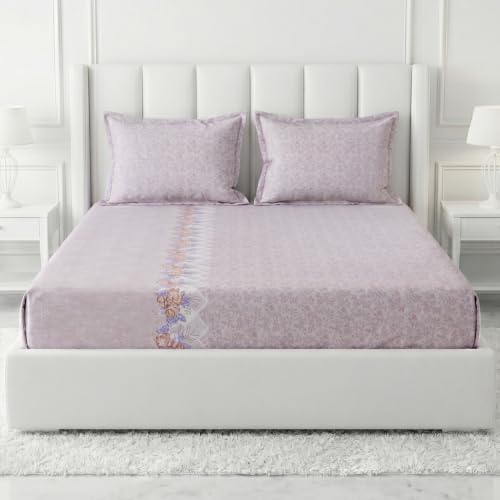 Image of Monte Carlo Eminence Double Bedsheet with 2 Pillow Covers | 144 TC Cotton Bedsheet for Double Bed | Soft & Breathable All Season Bedding Set | Beige Floral Design | Bedsheet 87 x 100 Inches