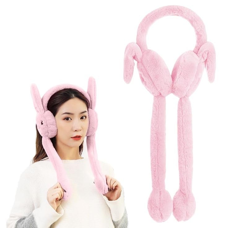 Plush Bunny Ear Earmuffs with Moving Ears, Pink and Grey Fluffy Winter Ear Warmers, Cute Animal Design, Adjustable Headband-picture-21