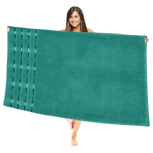 Image of Elegant Comfort 100% Turkish Cotton 4 Lines Viscose Stripe Jumbo Bath Towel - Hotel Spa Quality Extra Large 35 x 70 Inch Bath Towel Ultra Soft, Super Absorbent Quick Dry Large Bath Towel, Turquoise