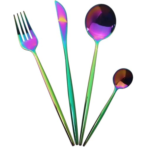 Image of 4 pcs Flatware Set, Rainbow Silverware Set for 1, Knife Fork Spoon, Stainless Steel Home Dinnerware Tableware,Mixed Cutlery Set Eating Utensils for Restaurants (4 Pcs Rainbow)