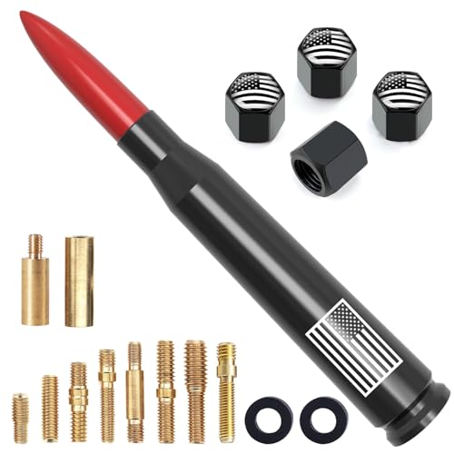 Image of Car Truck Bullet Antenna with Tire Valve Caps American Flag Universal Short Replacement for GMC Sierra Chevy Silverado Dodge Ram 1500 2500 3500 Ford F150 F250 F350 Super Duty Raptor Accessories, Red