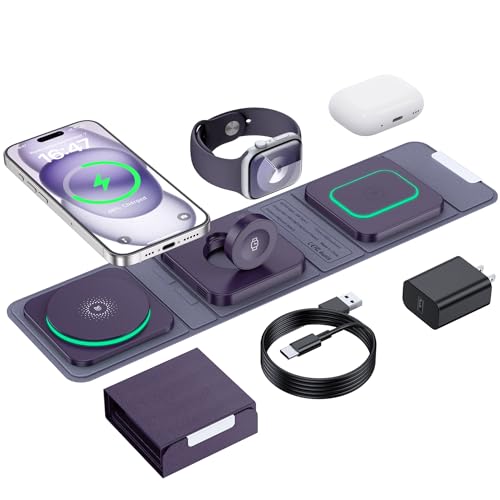 Wireless Charger for iPhone - 3 in 1 Charging Station for Apple Multiple Devices, Foldable Magnetic Mag-Safe Travel Charging Pad for iPhone 15 14 13 12 Pro Max Plus iwatch Watch & Airpods