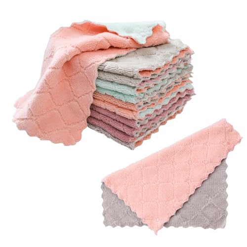 12 Pieces of Coral Velvet Rags, Kitchen Cleaning Cloths, Microfiber Cloths, Absorbent and Oil-Removing Rags, Reusable Dish Towels, Double-Sided Scouring Pads