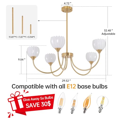 Image of Shenmoyl 30.31 inch Brass Gold 5-Light Chandelier, 5-Arm White Tulip Glass Pendant Light Fixture, Height Adjustable Vintage Branch Chandelier for Dining Room Living Room Kitchen Island Farmhouse
