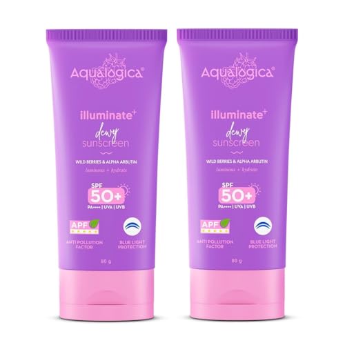 Image of Aqualogica Illuminate+ Dewy Sunscreen SPF 50+ PA++++ with Anti Pollution Factor (APF) | Wild Berries & Alpha Arbutin - 80g (Pack of 2) | SPF 50+ PA++++ for UVA /B & Blue Light Protection | Fragrance-Free | For Luminous & Sun Protected Skin | Comes With Anti Pollution Factor