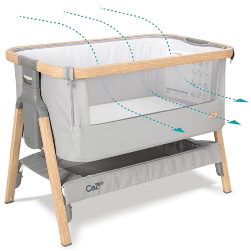 Image of Tutti Bambini CoZee® 2-in-1 Baby Bassinet & Bedside Sleeper - Fast-Folding Bedside Bassinet, Baby Crib with 6 Mattress Heights & Breathable Mesh Window, Mattress Included, 0-6 Months (Silver & Oak)