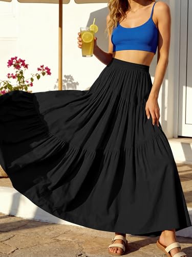 Image of ANRABESS Women's Boho Elastic High Waist Pleated A-Line Flowy Swing Asymmetric Tiered Maxi Long Skirt Dress with Pockets