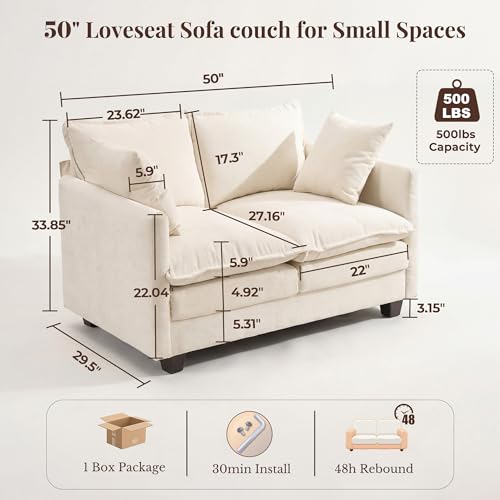 Image of Loveseat Sofa with Cloud 3-Layer Cushion & 27 inch Deep Seat, Modern Small Couch with 2 Washable Pillows for Small Spaces, Bedroom, Apartment, Office, Living Room, in a Box, 50-Inch Beige