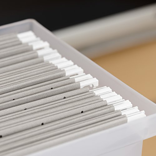 Image of IRIS USA Medium Portable Desktop File Box with Open Top, Side Handles, Hanging File Folders, Tabs & Inserts, Letter Size, For Magazines Newspapers Mail Books Notebooks Binder Homework, Clear