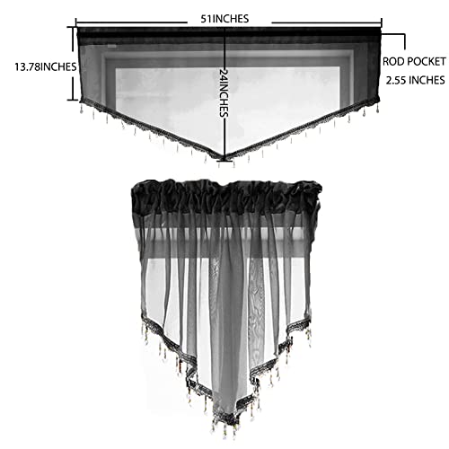Pearage Beaded Sheer Triangle Valance Curtains For Living Room,Rod Pocket Farmhouse Window Valance, Bead Trim Tassel Voile Sheer Curtain Valance For Bedroom Bathroom Cafe 51X24 Inches (Black) 1Pc #TOP3