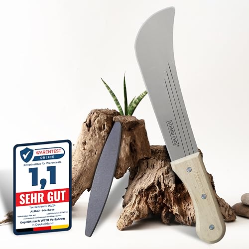 ALBAJ Machete - traditionelle scharfe Machete- nachhaltiges Gartenmesser 45cm- inklusive gratis Schleifstein – robuste große Handsense (Holzgriff)