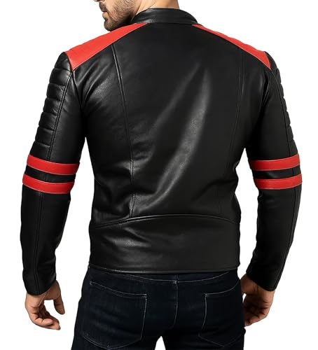 Mens Café Racer Brando Red Stripes Vintage Retro Quilted Motorcycle Biker Black Lambskin Leather Jacket4