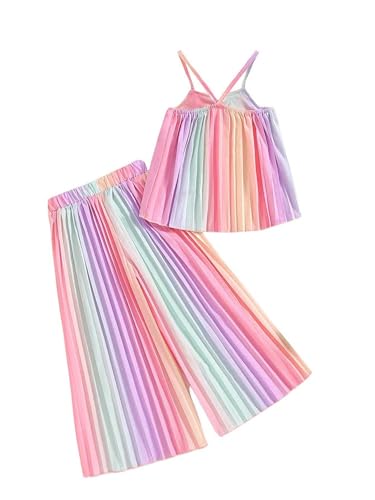Image of RoseSeek Girl's 2 Piece Boho Cute Outfits Pleated Spaghetti Strap Camisoles Elastic Waist Wide Leg Pants Sets