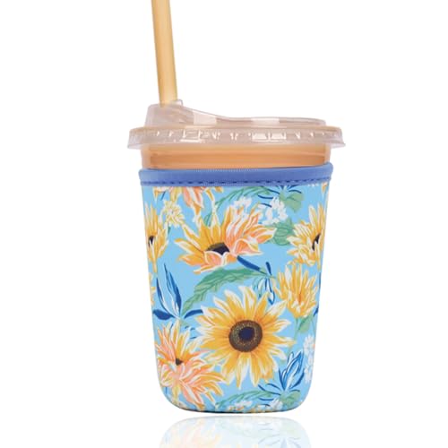 Image of Reusable Insulated Sleeve for Iced Coffee Cup, Coffee Neoprene Sleeve for Cold & Hot Drinks, Beverage Holder for Iced Coffee (Sunflower Smile, Small: 16-18oz)