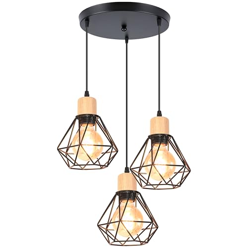 iDEGU 3 Lampes Suspension Luminaire Industrielle Métal Bois Lustre Plafonnier Style Cage...