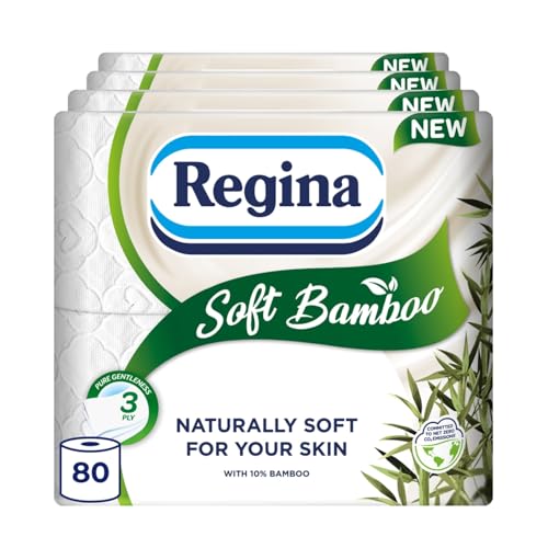 Regina Soft Bamboo - 80 Rolls of Toilet Tissue 3 Ply, 160 Sheets, Naturally Soft for Your Skin, Toilet Tissue Made with Bamboo Fibers, Paper Packaging, FSC Certificated