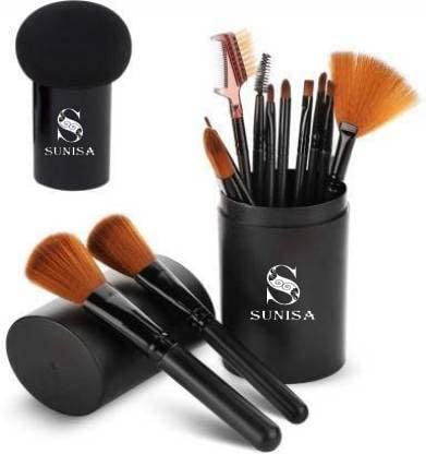 SUNISA Black Soft Synthetic Bristle Light Weight Multipurpose Makeup Brushes Set of 12 and 1 Black Mushroom Head Beauty Blender – (Pack of 13)
