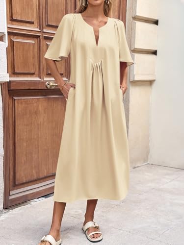 Image of Wenrine Womens Flutter Short Sleeve Maxi Dress Casual V Neck Side Slit Pleated Loose Flowy Summer Dresses