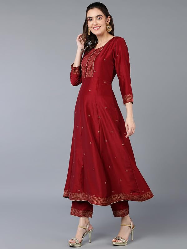 Image of Vaamsi Women's Silk Blend Yoke Design Solid Flared Kurta Pant With Dupatta