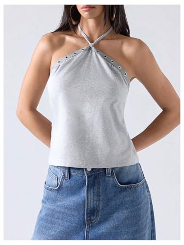 MakeMeChic Women's Open Back Halter Tops Going Out Sexy Backless Tops Clubwear2