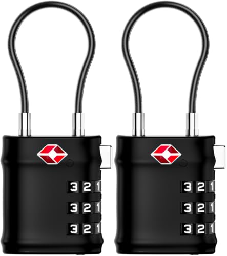 Image of LUGGEX 2 Pack TSA Locks for Luggage, Luggage Locks TSA Approved | Suitcase Locks in Gift Box, Ultra-Light 33g Combination Cable Locks, Easy-Read Dials for Suitcase Backpack Gym, Black-Silver