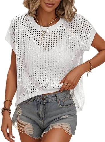 Womens Summer Crochet Tops Hollow Out Cap Sleeve Cover Up Tank To...