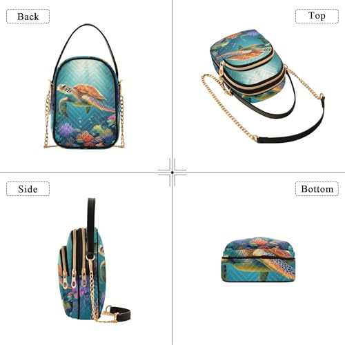 Woman Shoulder Handbag Underwater Ocean Scene Sea Turtle Quilted Phone Wallet Chain Strap Purse Cute Designer Clutch Ladies Zipper Tote, 5.9" × 8.3" × 3.1"4