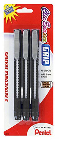 Pentel Clic Eraser Grip Retractable Eraser, Assorted Colors, 1 Pack of 3 (ZE21BP3-K6) (3 Pens- Black, Black)